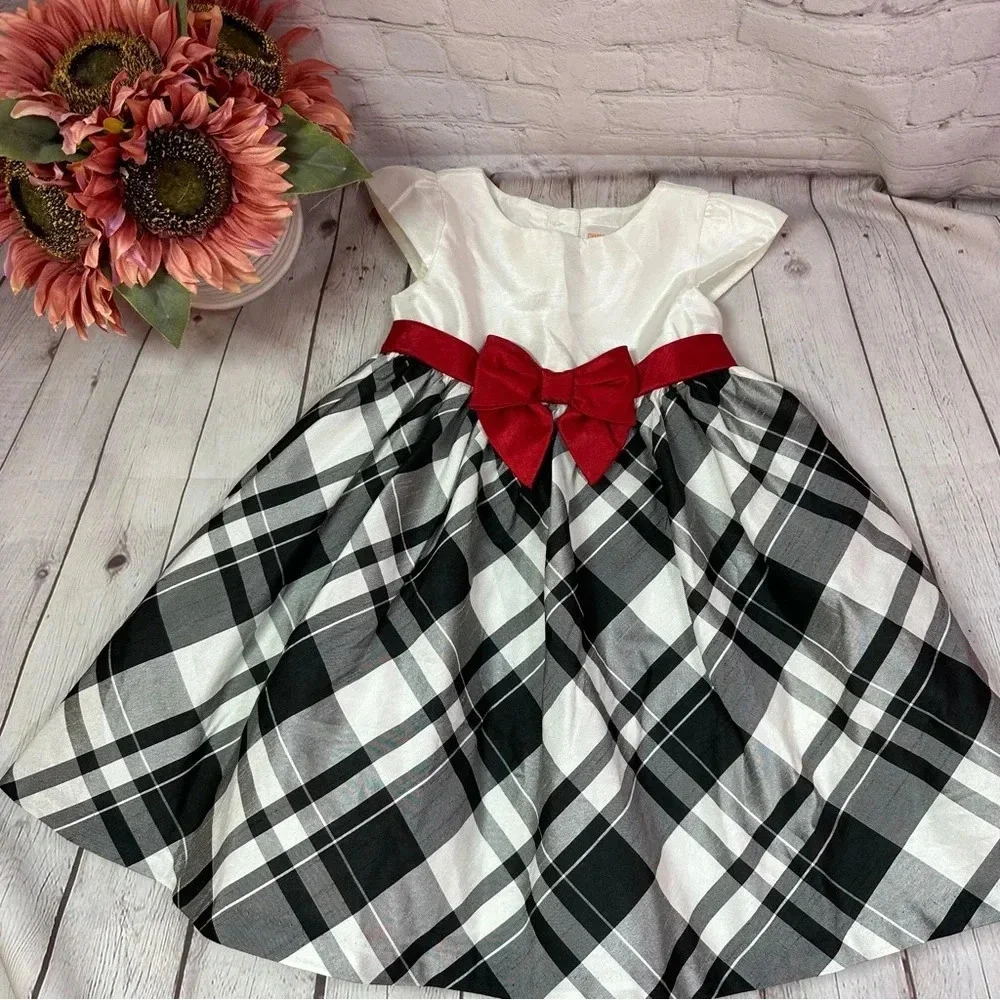 gymboree 2015 plaid skirt dress sz 3T red bow at waist cap sleeve holiday church